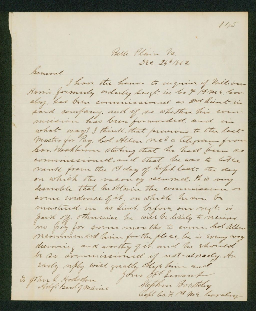 Miniature of Captain Stephen Boothby inquires if William Harris has been commissioned
