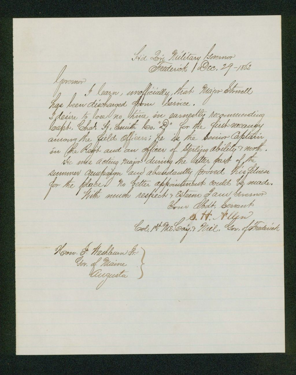 Miniature of Colonel Allen recommends Charles H. Smith for promotion