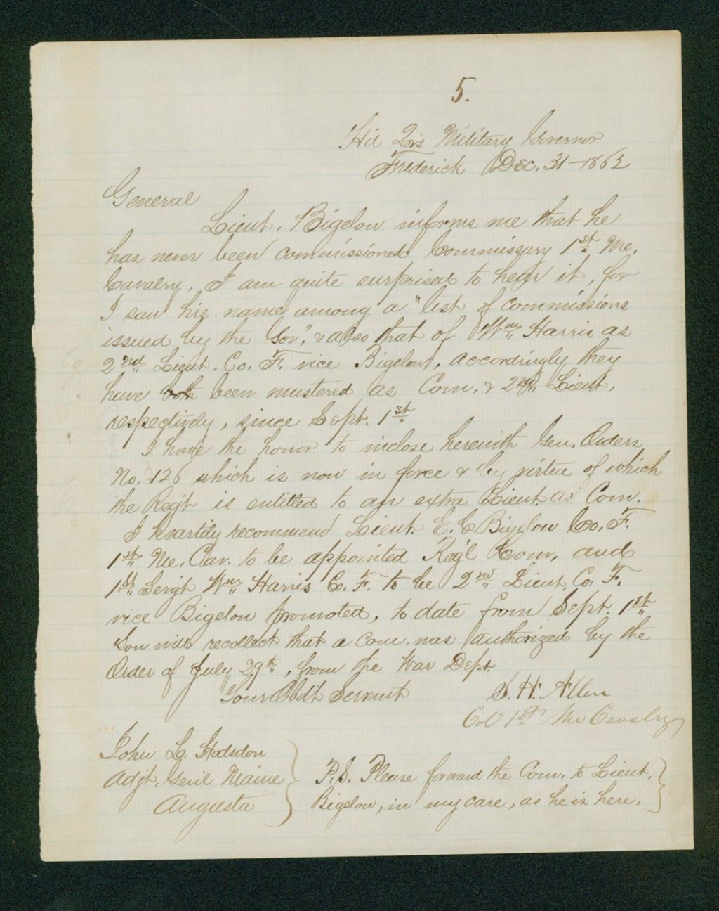 Miniature of Colonel Allen inquires why Lieutenant Bigelow's commission has not been received