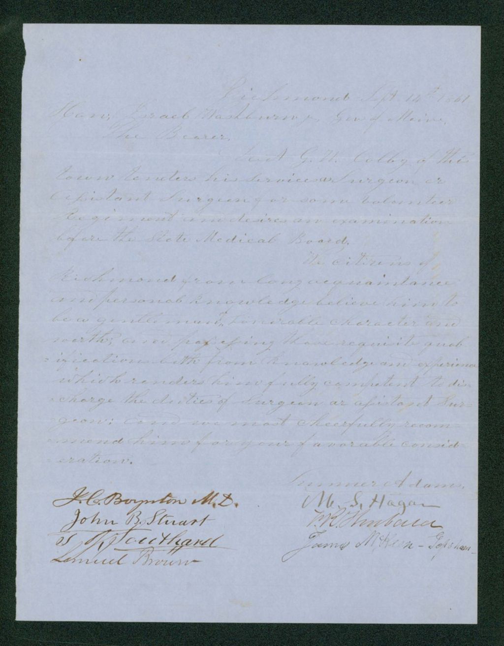 Miniature of Sumner Adams and others recommend Dr. G.W. Colby for appointment as surgeon