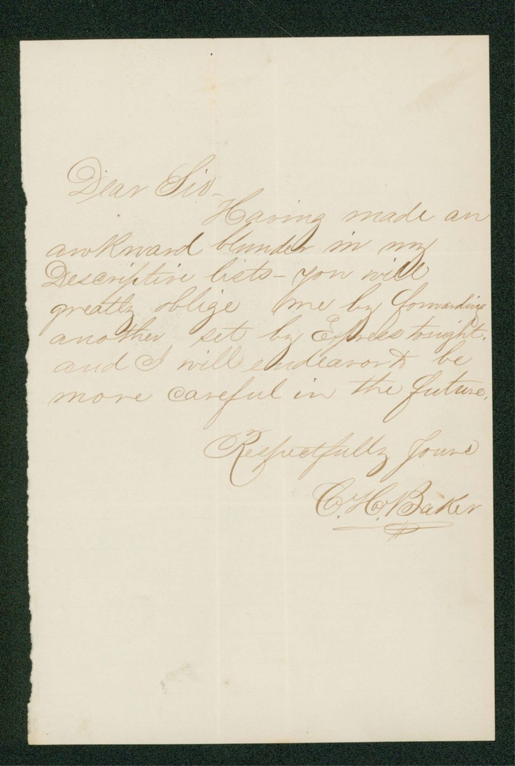 Miniature of Undated - C.H. Baker requests another set of descriptive lists