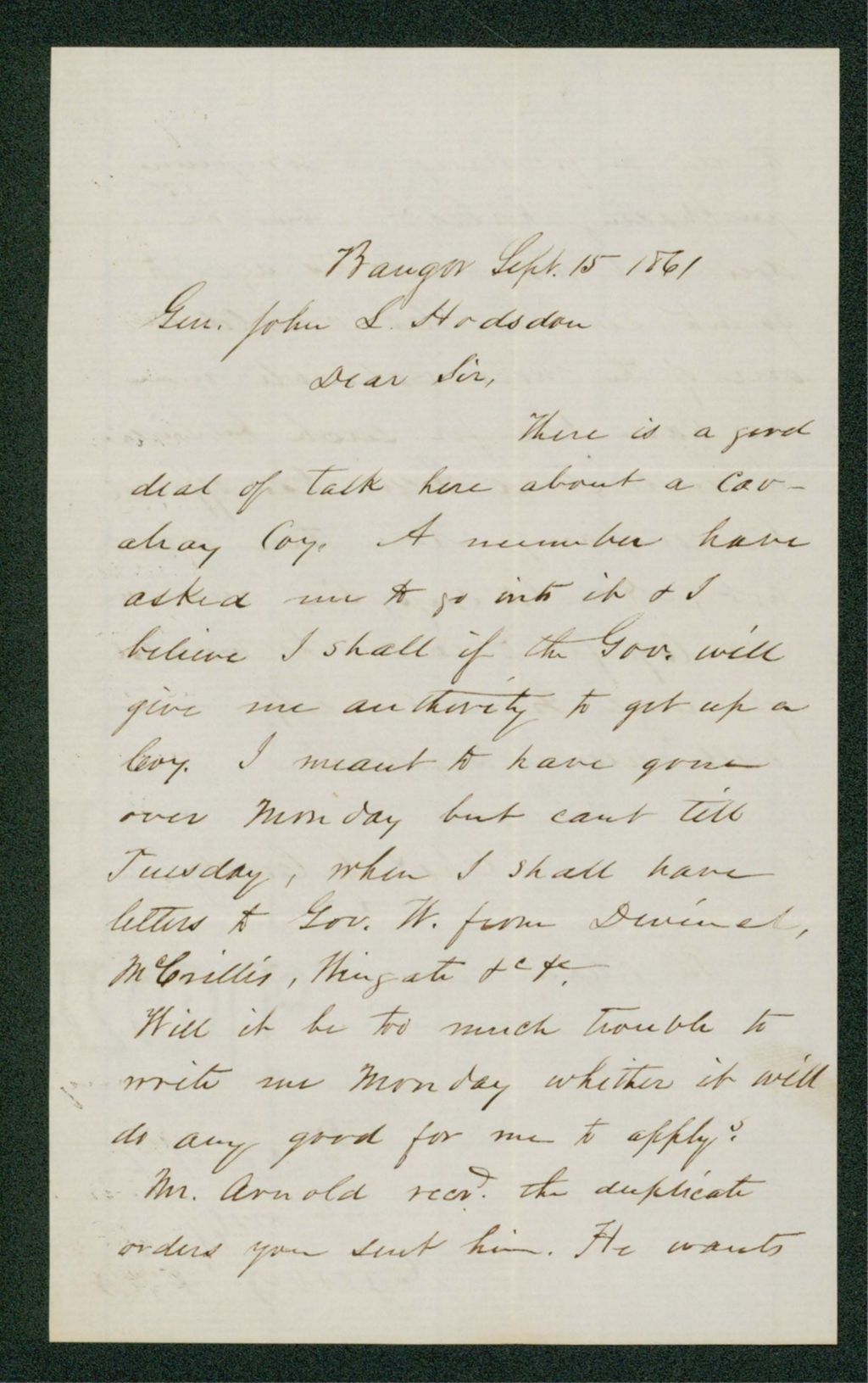 Miniature of Charles S. Crosby request permission to recruit a new company