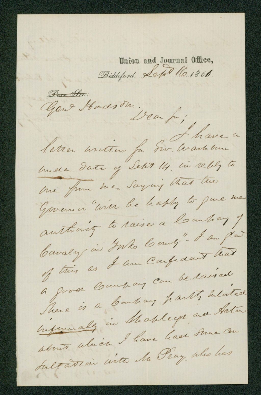 Miniature of Louis Cowan informs General Hodsdon of his authority to recruit for the regiment