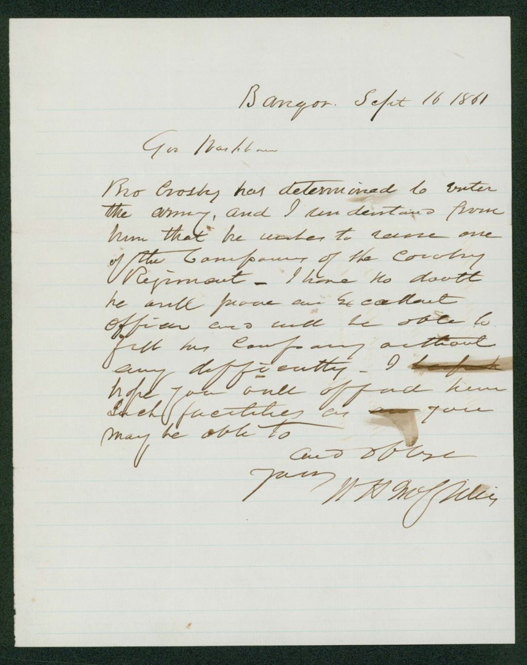 Miniature of William H. McCrillis recommends Charles S. Crosby for a commission