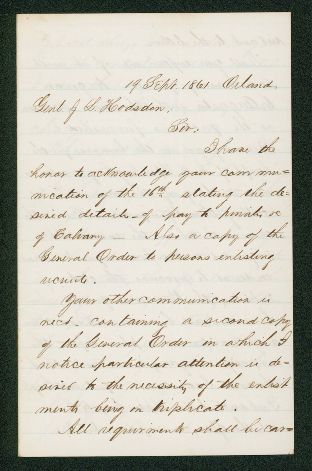 Miniature of Charles Hamlin inquires about recruiting and commissions