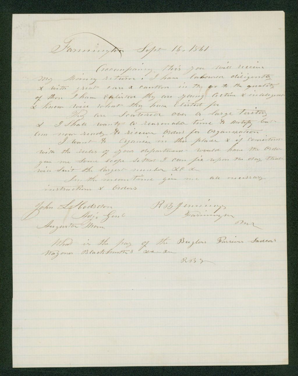 Miniature of R.B. Jennings inquires about pay rate for buglers, farriers, waggoners, and blacksmiths