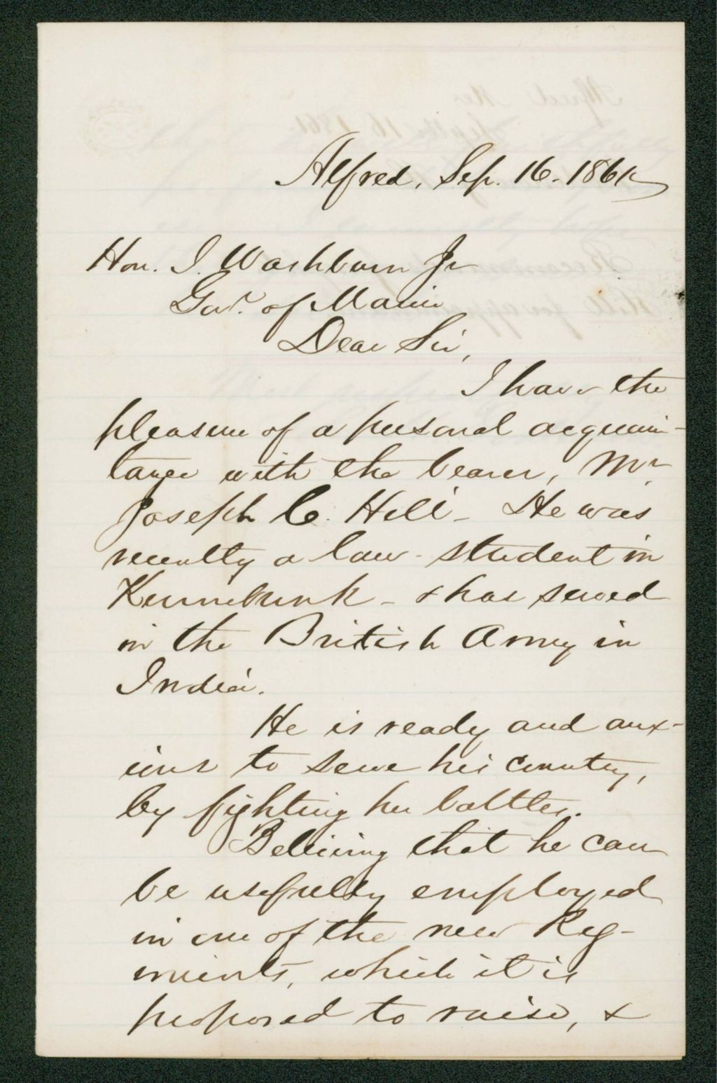 Miniature of John H. Goodenow recommends Joseph C. Hill for the new regiment