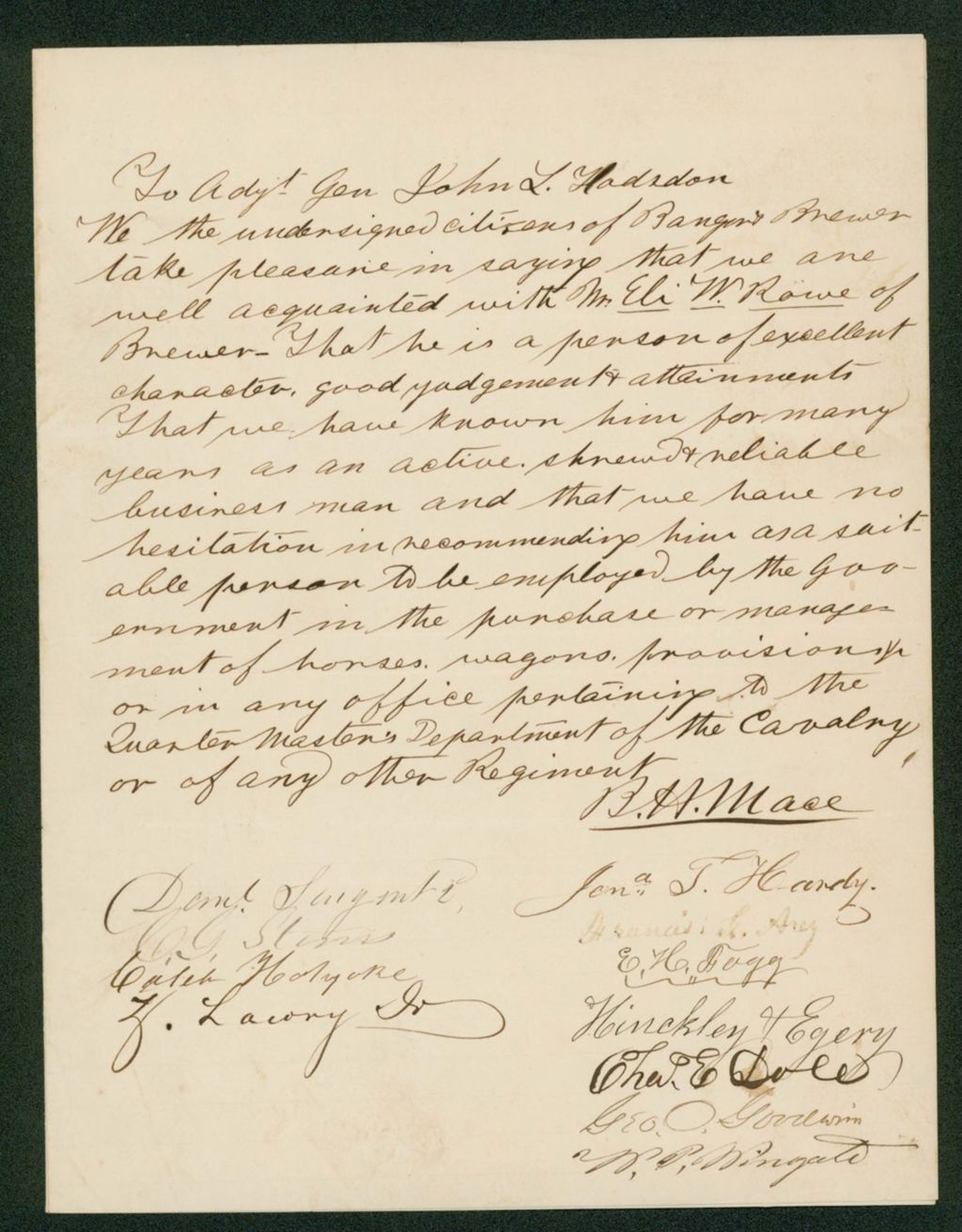 Miniature of Undated - B.H. Mace and citizens of Bangor and Brewer recommend Eli W. Rowe for a position managing horses and wagons