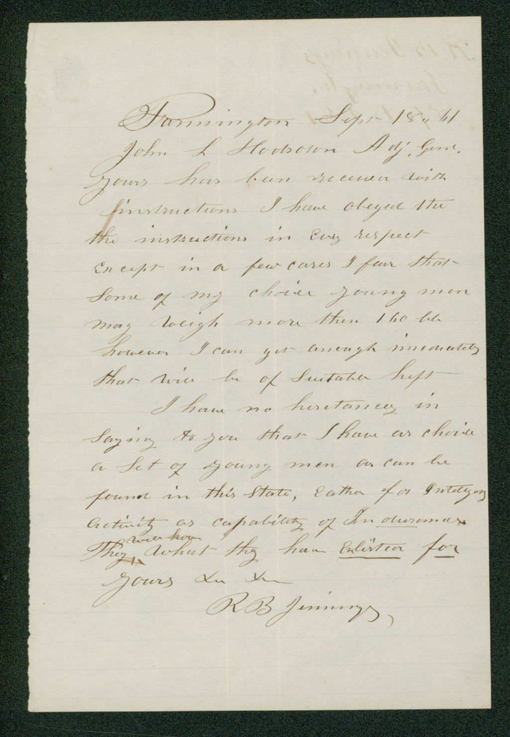 Miniature of R.B. Jennings writes Adjutant General Hodsdon regarding recruits