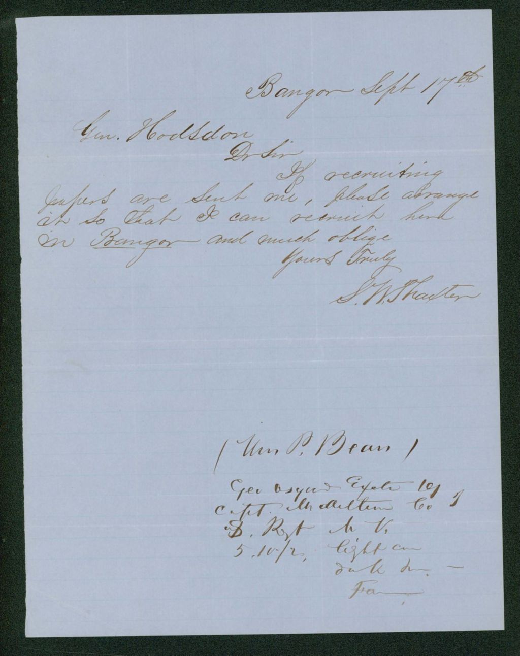 Miniature of Sidney W. Thaxter requests recruiting papers for Bangor