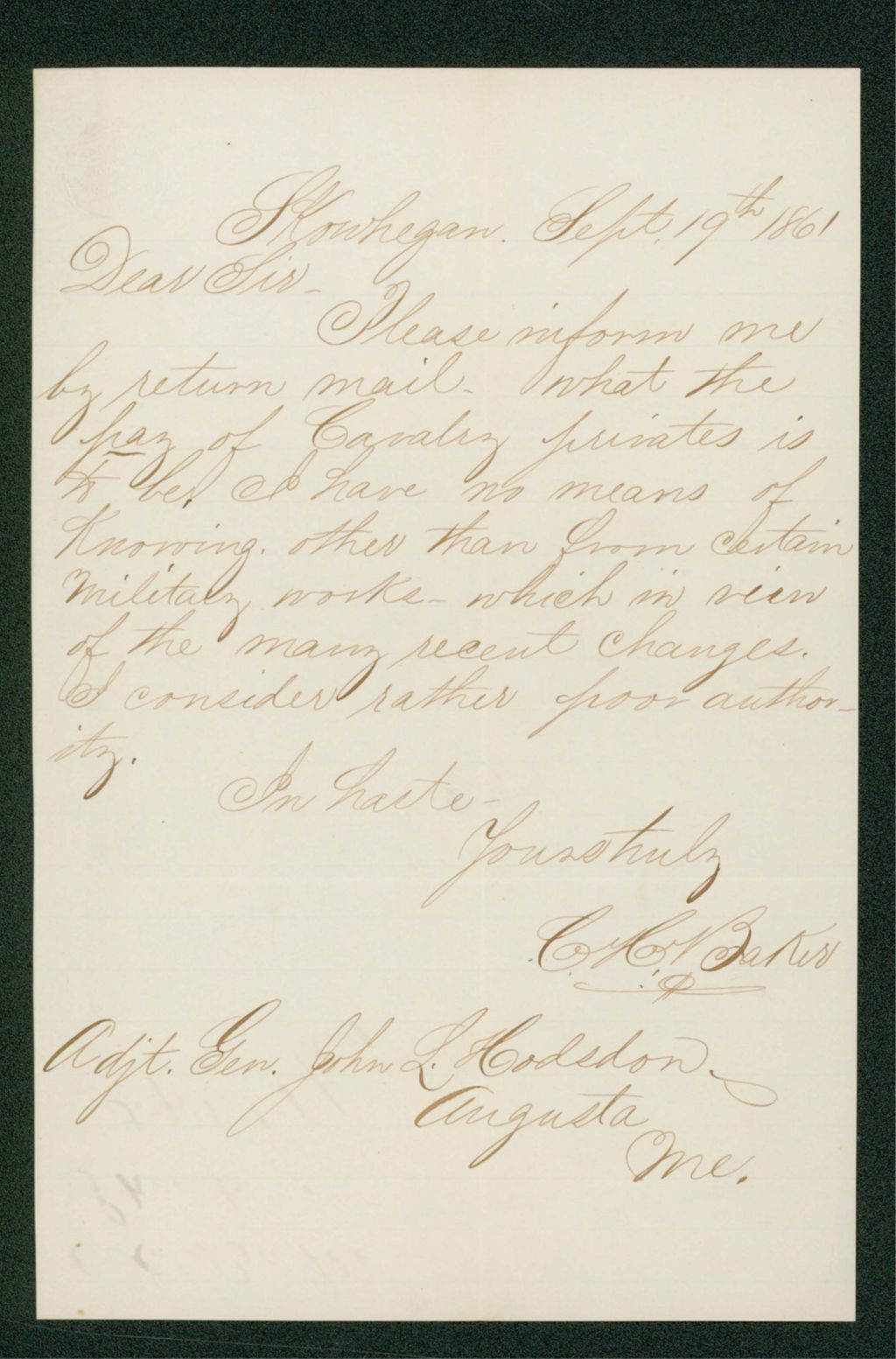 Miniature of C.H. Baker requests the rate of pay for cavalry