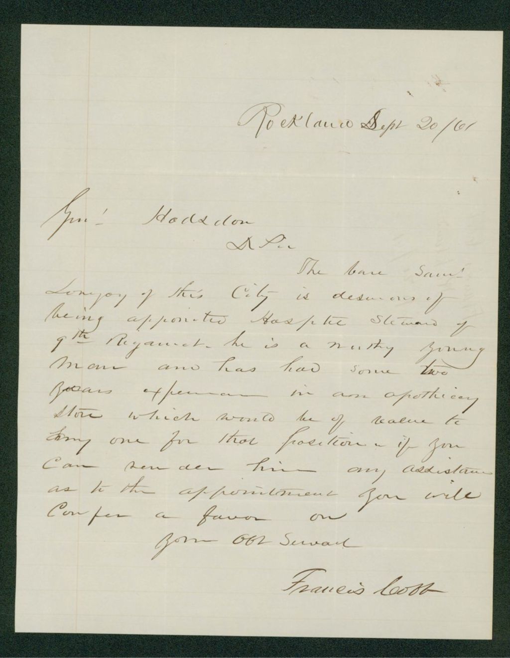 Miniature of Francis Cobb recommends Samuel Lovejoy for appointment as hospital steward