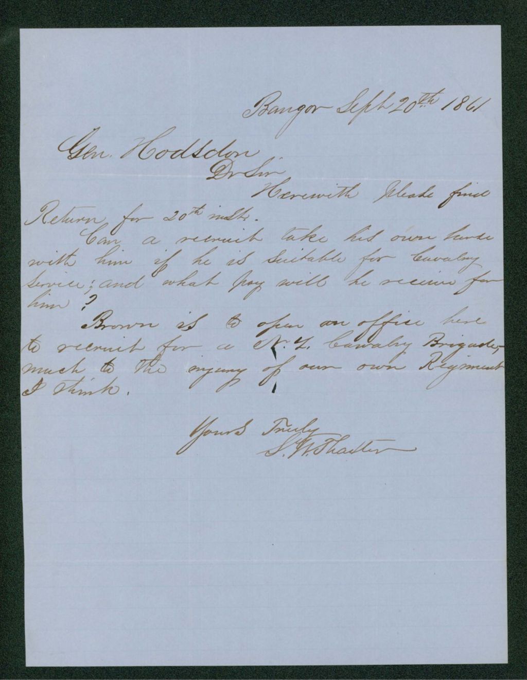 Miniature of Mr. Thaxter inquires if recruits can furnish their own horses