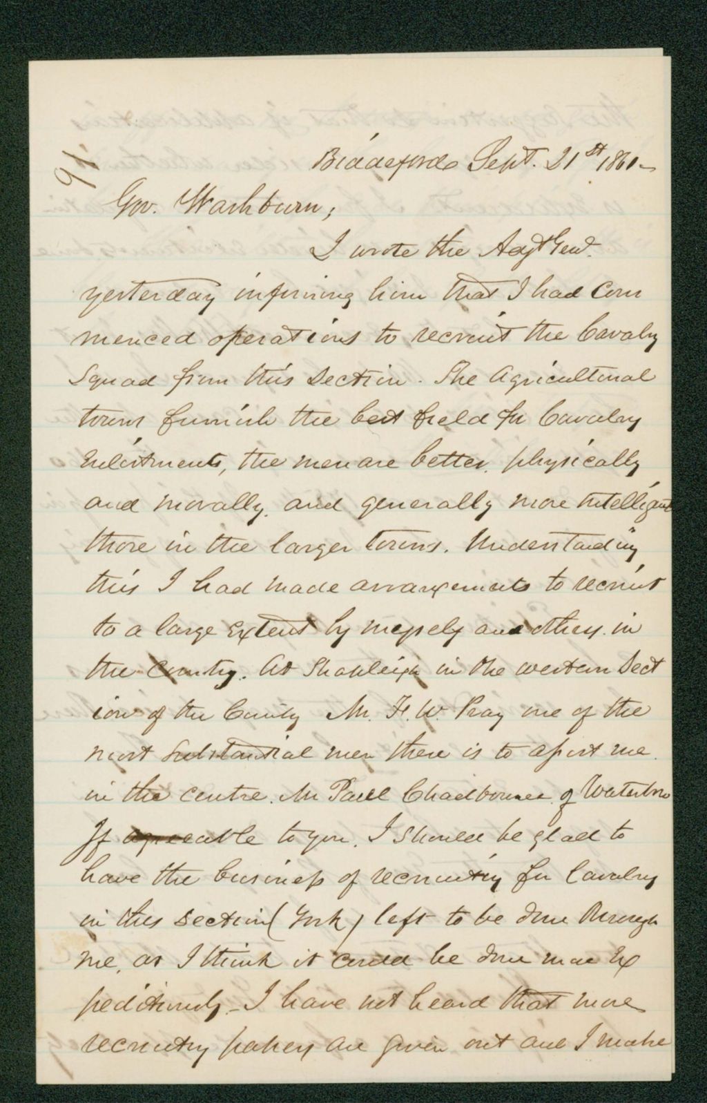 Miniature of Louis Cowan writes Governor Washburn regarding the quality of recruits