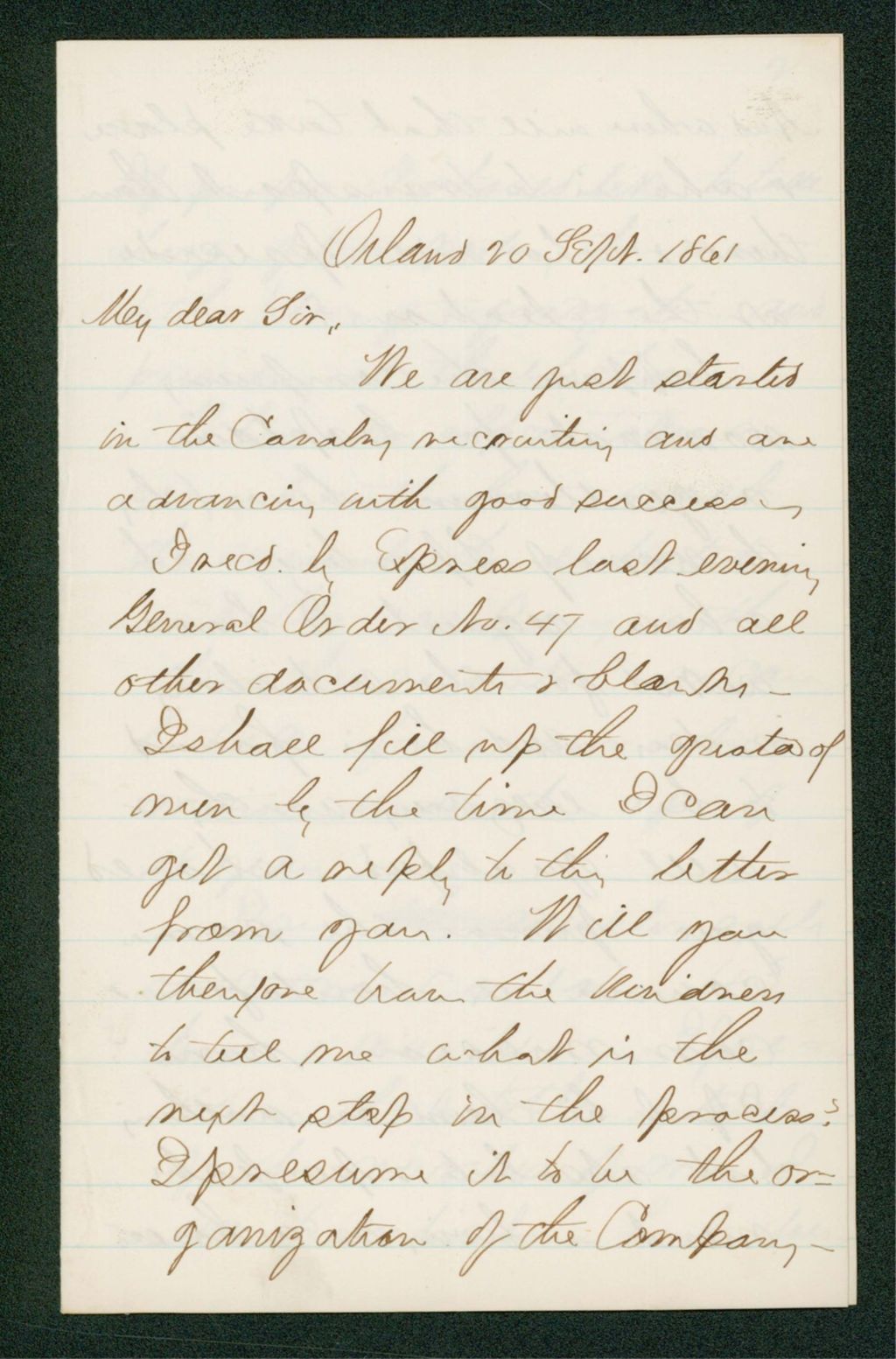 Miniature of Charles Hamlin writes Governor Washburn regarding recruitment progress