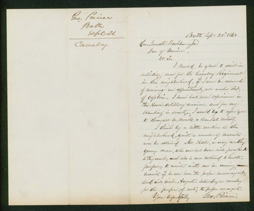 Miniature of George Prince seeks permission from Governor Washburn to recruit for the cavalry
