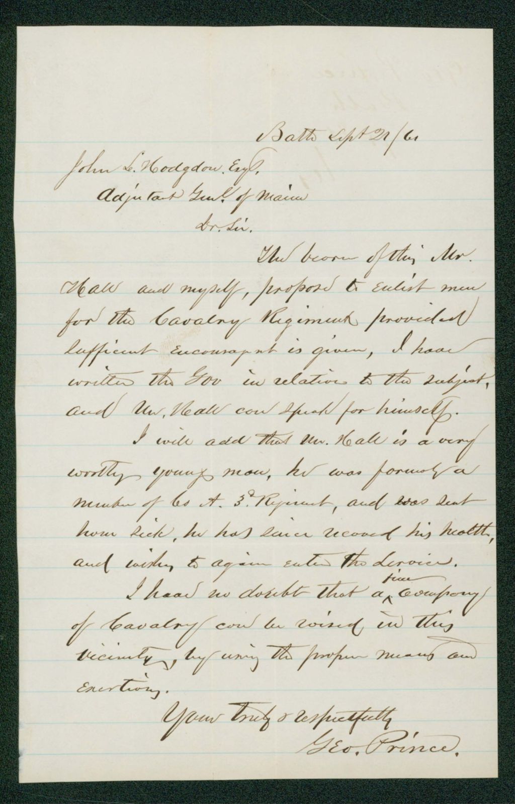 Miniature of George Prince and Mr. Hall wish permission to recruit for the cavalry