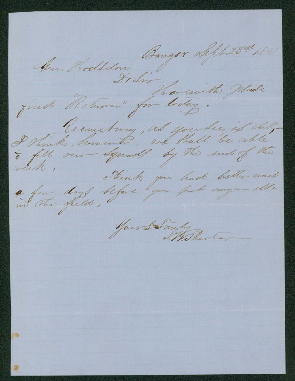 Miniature of Sidney Thaxter sends the recruiting return to General Hodsdon