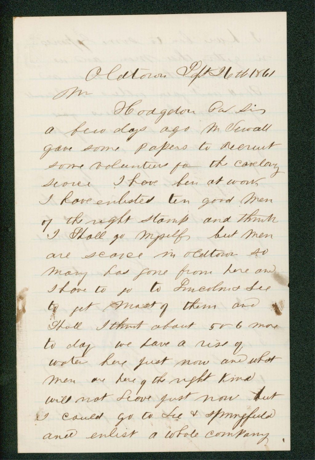 Miniature of George Weston writes General Hodsdon that he has enlisted 10 men