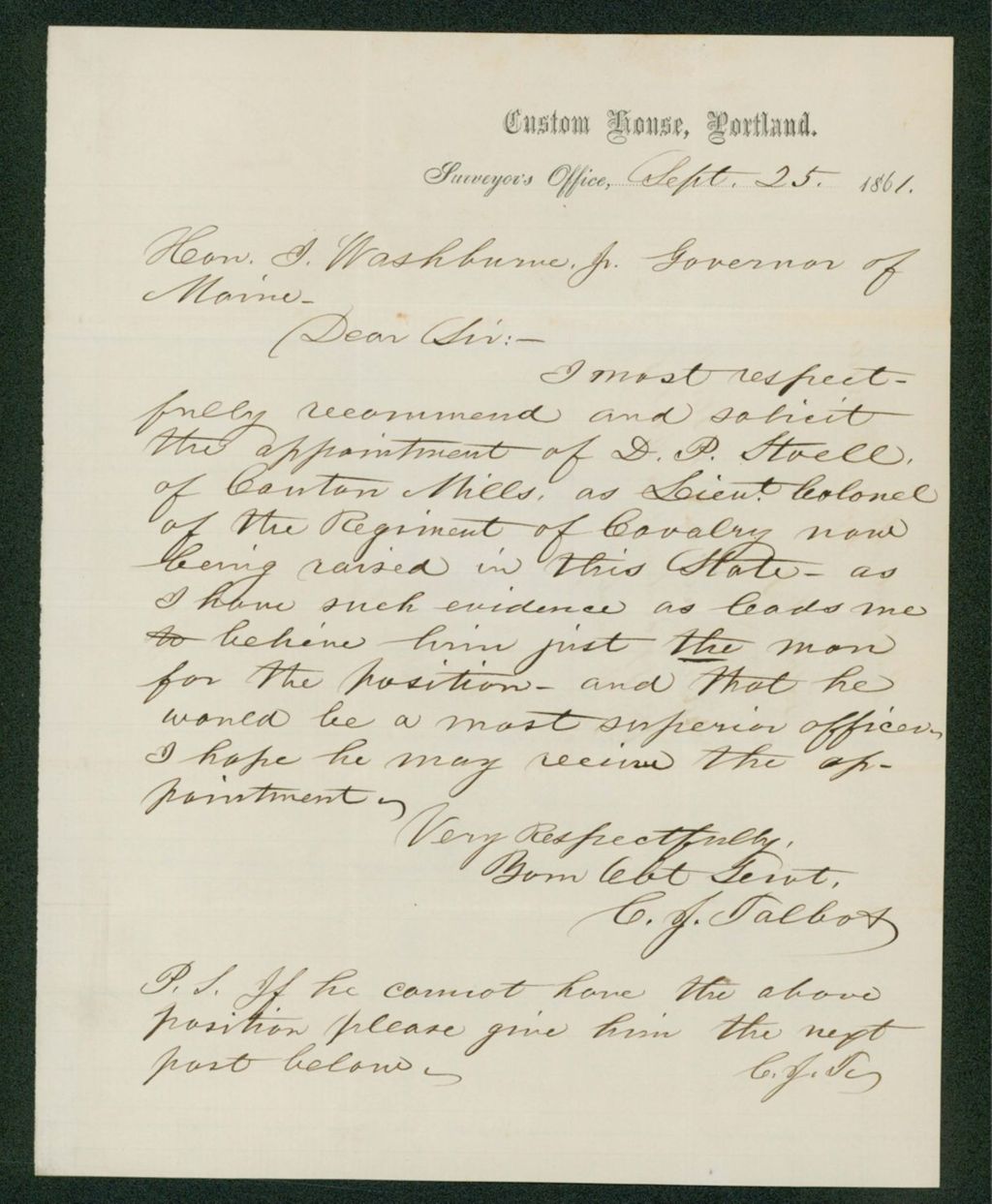Miniature of C.J. Talbot recommends D.P. Stowell for Lieutenant Colonel of the 1st Maine Cavalry