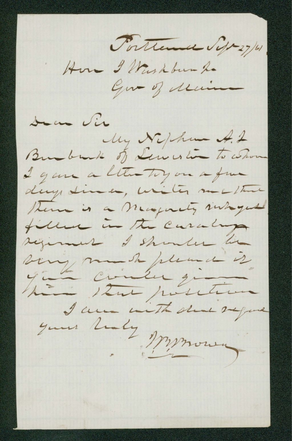 Miniature of William Brown requests a position for his nephew A. Burbank