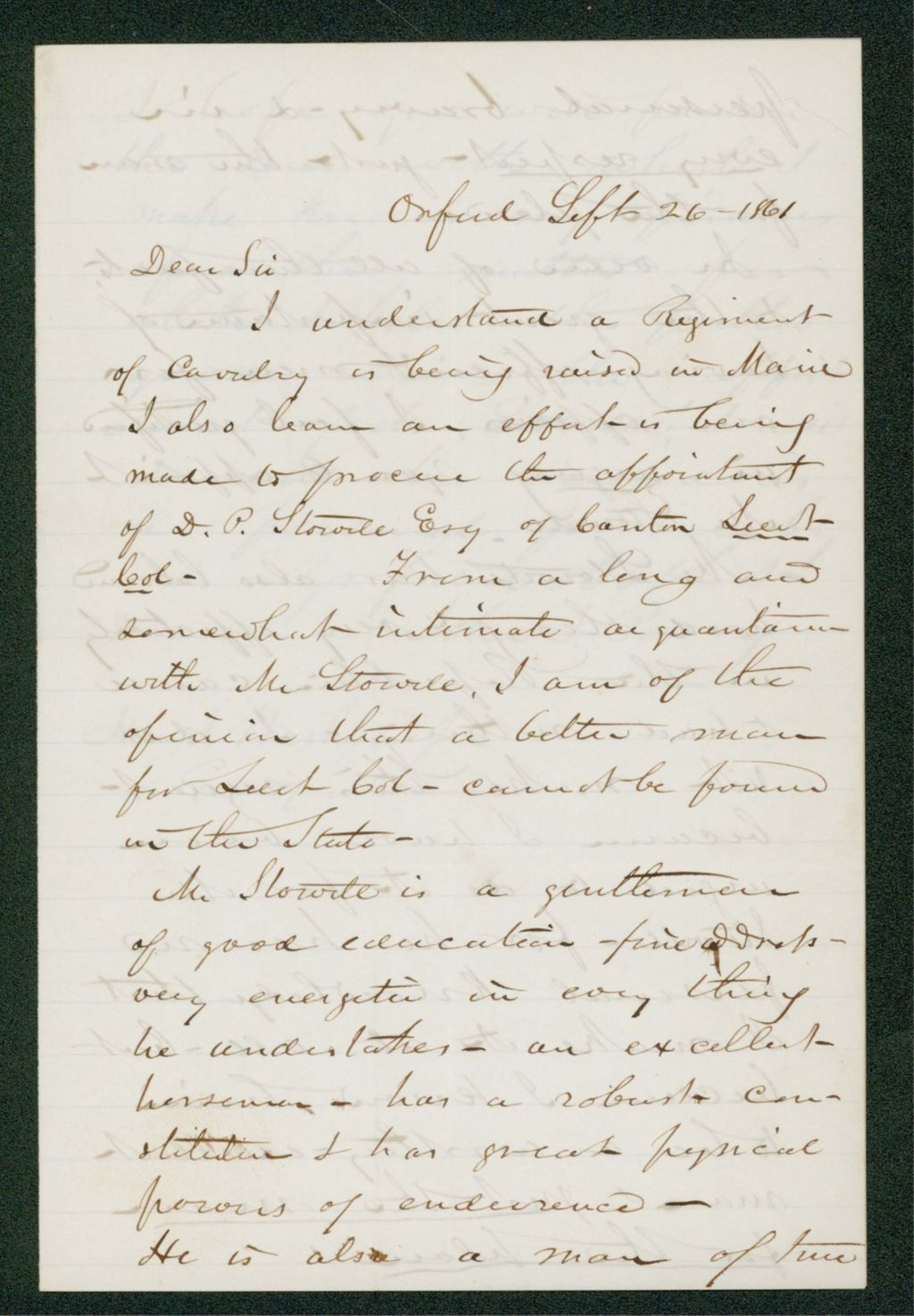 Miniature of John I. Perry recommends D.P. Stowell for Lieutenant Colonel