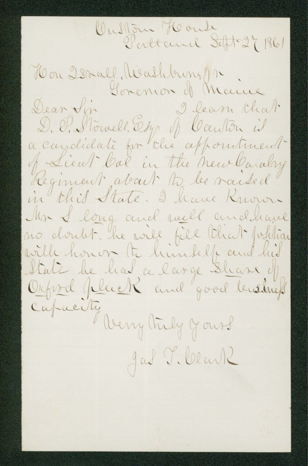 Miniature of Joseph T. Clark recommends D.P. Stowell for a commission