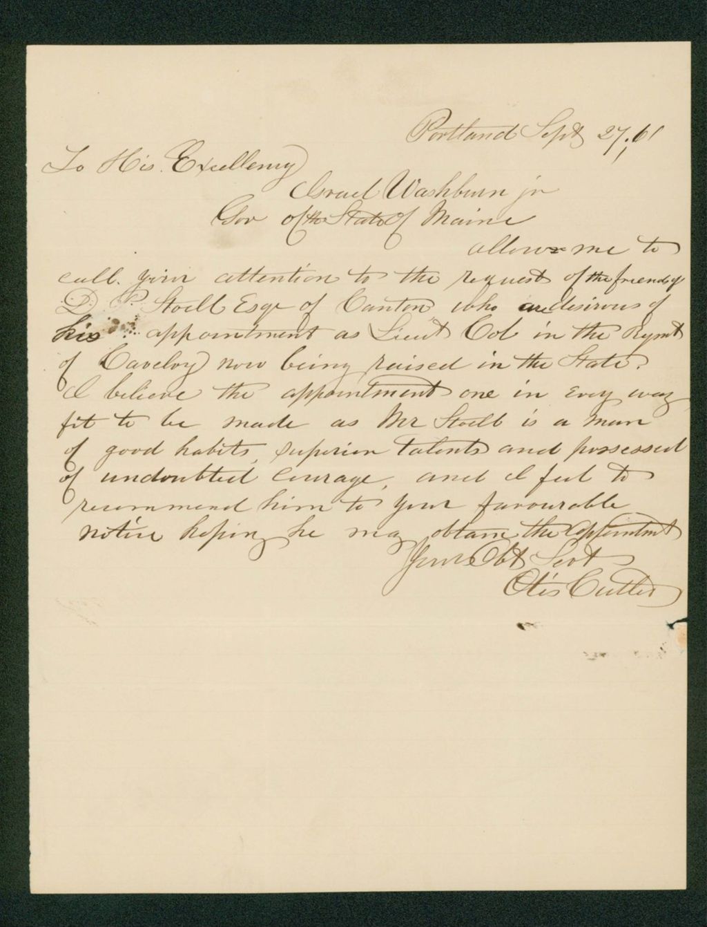 Miniature of Otis Cutler recommends D.P. Stowell for Lieutenant Colonel