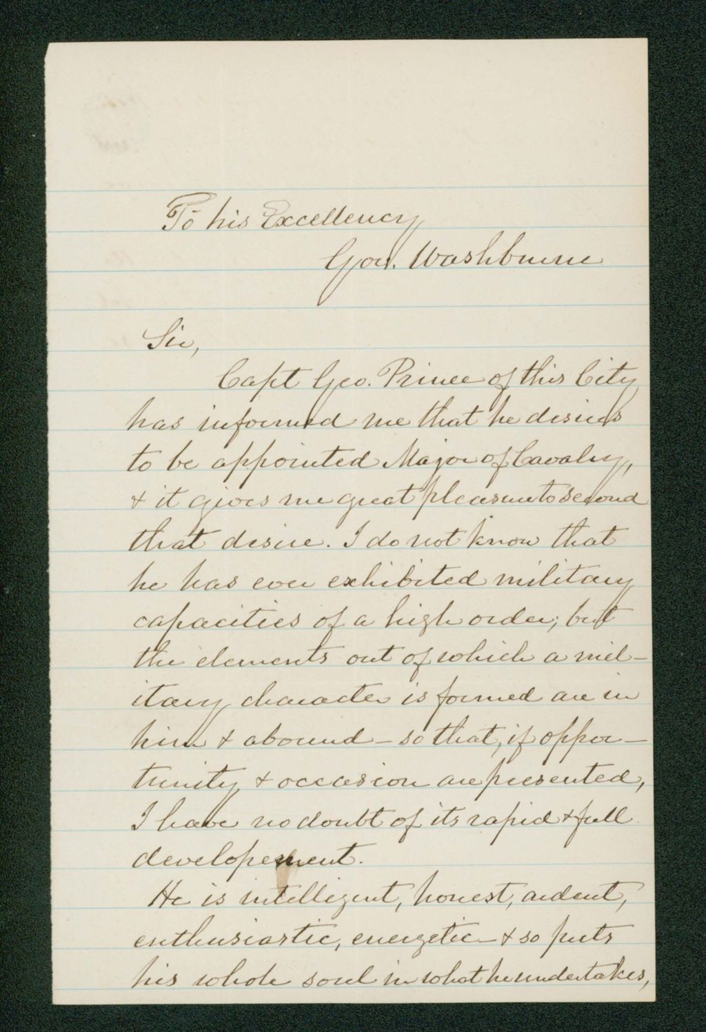 Miniature of Recommendation for Captain George Prince to be appointed Major