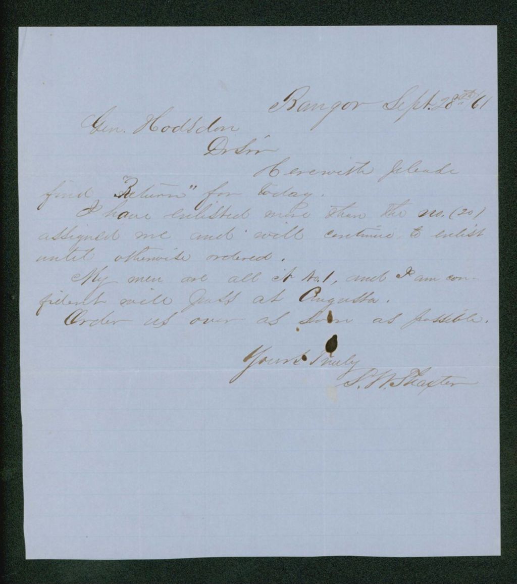 Miniature of Sidney Thaxter sends the daily return to General Hodsdon