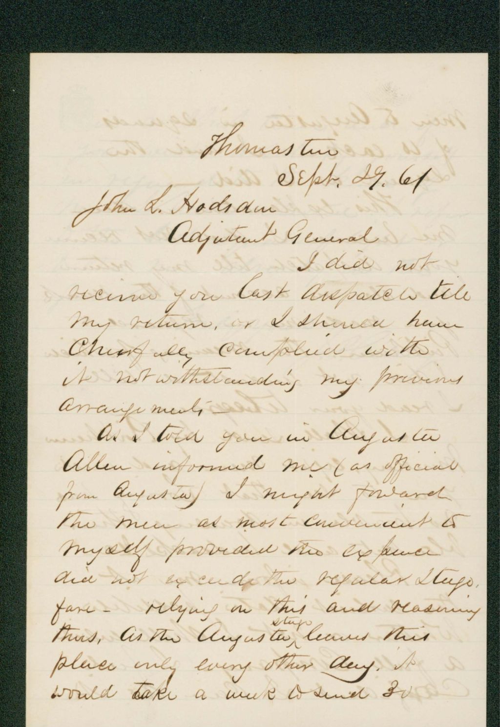 Miniature of Jonathan P. Cilley informs General Hodsdon that he is sending several recruits