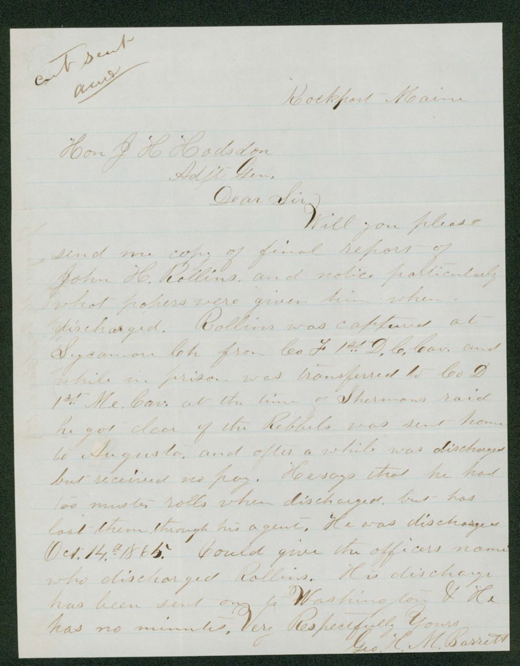 Miniature of Undated (circa 1865) - George H.M. Barrett writes for discharge papers for John H. Rollins