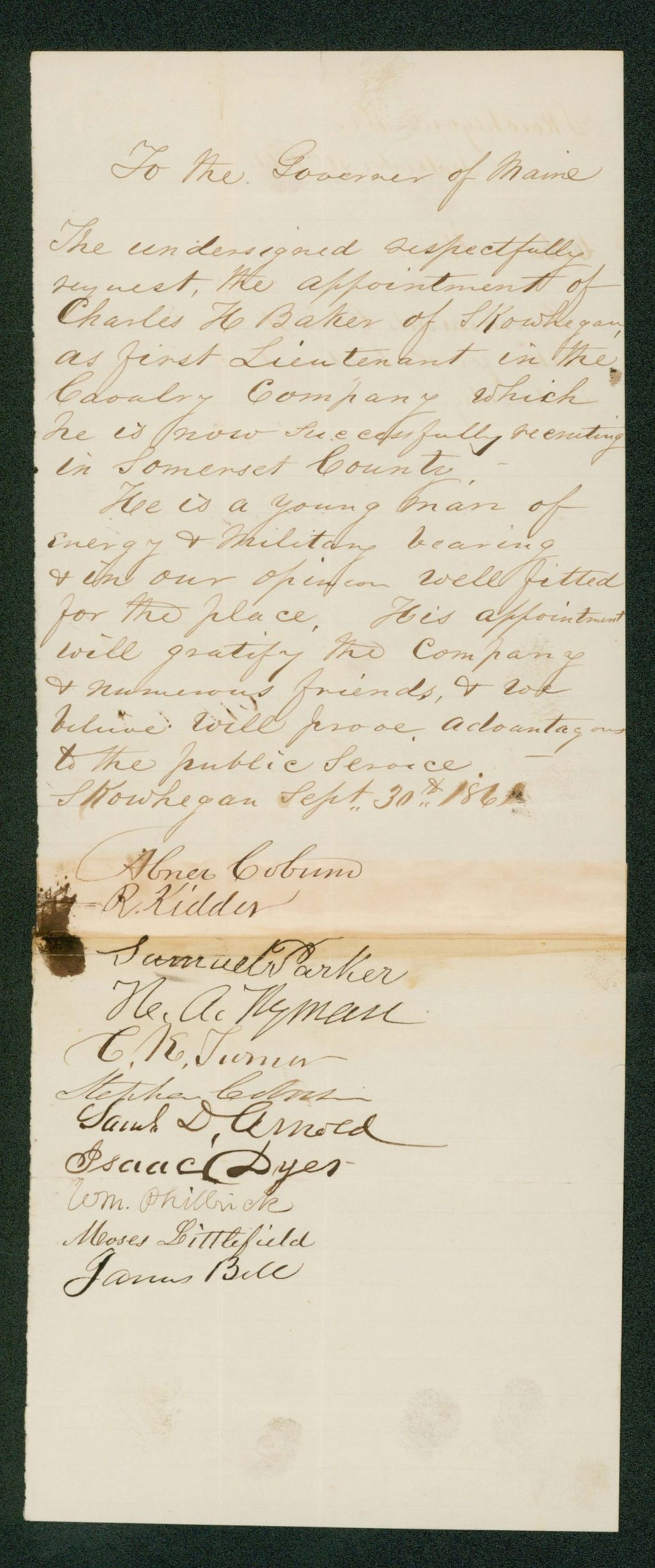 Miniature of Abner Coburn recommends Charles H. Baker for 1st Lieutenant