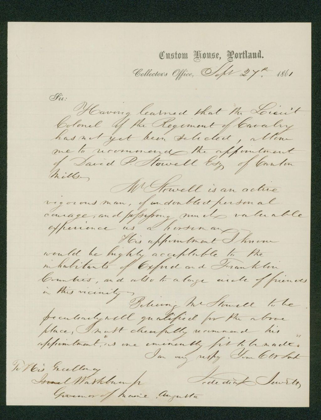 Miniature of Jedediah Jewett recommends David P. Stowell for Lieutenant Colonel