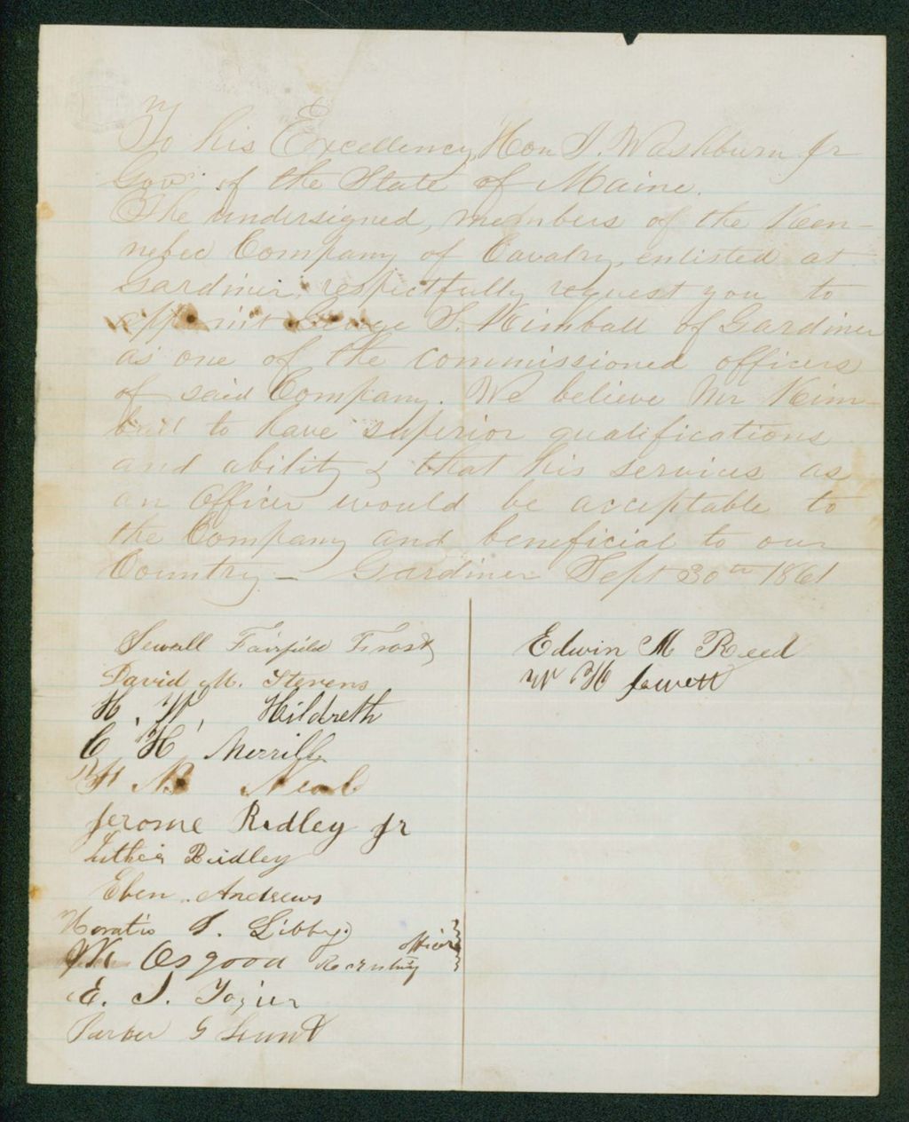 Miniature of Edwin M. Reed and other members of the Kennebec Company of Cavalry request appointment of George Kimball as a commissioned officer