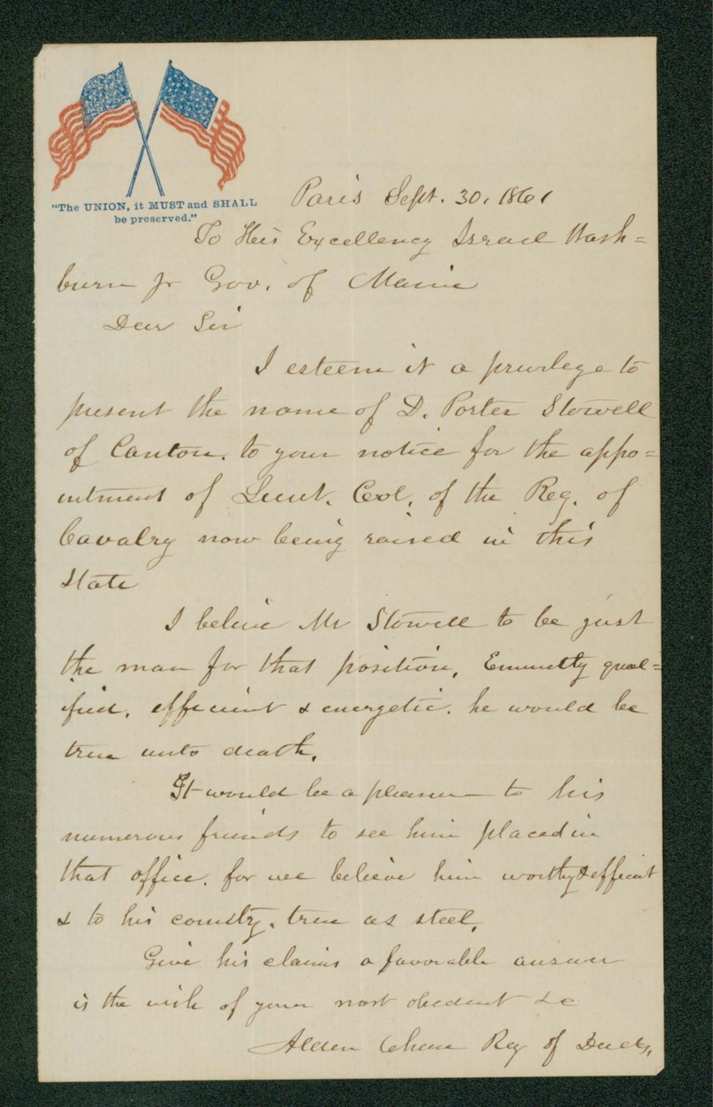 Miniature of Alden Chase recommends D. Porter Stowell of Canton for Lieutenant Colonel