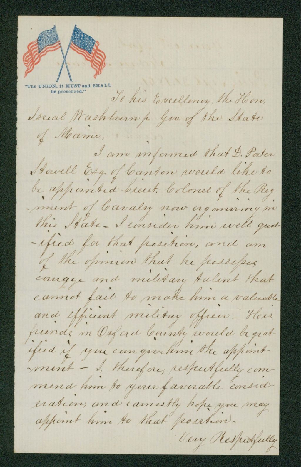 Miniature of Sidney Perham and Josiah S. Hobbs recommend D. Porter Stowell for Lieutenant Colonel