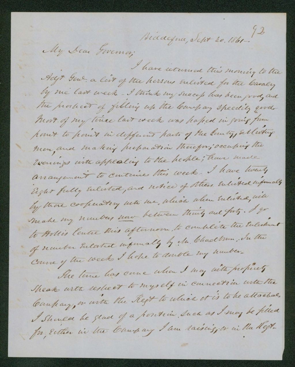 Miniature of Louis Cowan writes Governor Washburn regarding his recruitment progress and requests a commission