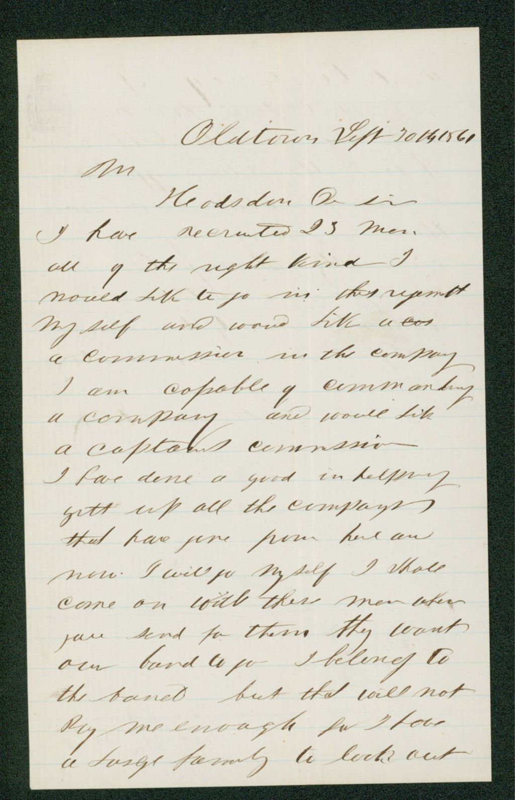 Miniature of George Weston reports to General Hodsdon that he has recruited 23 men and requests a captain's commission