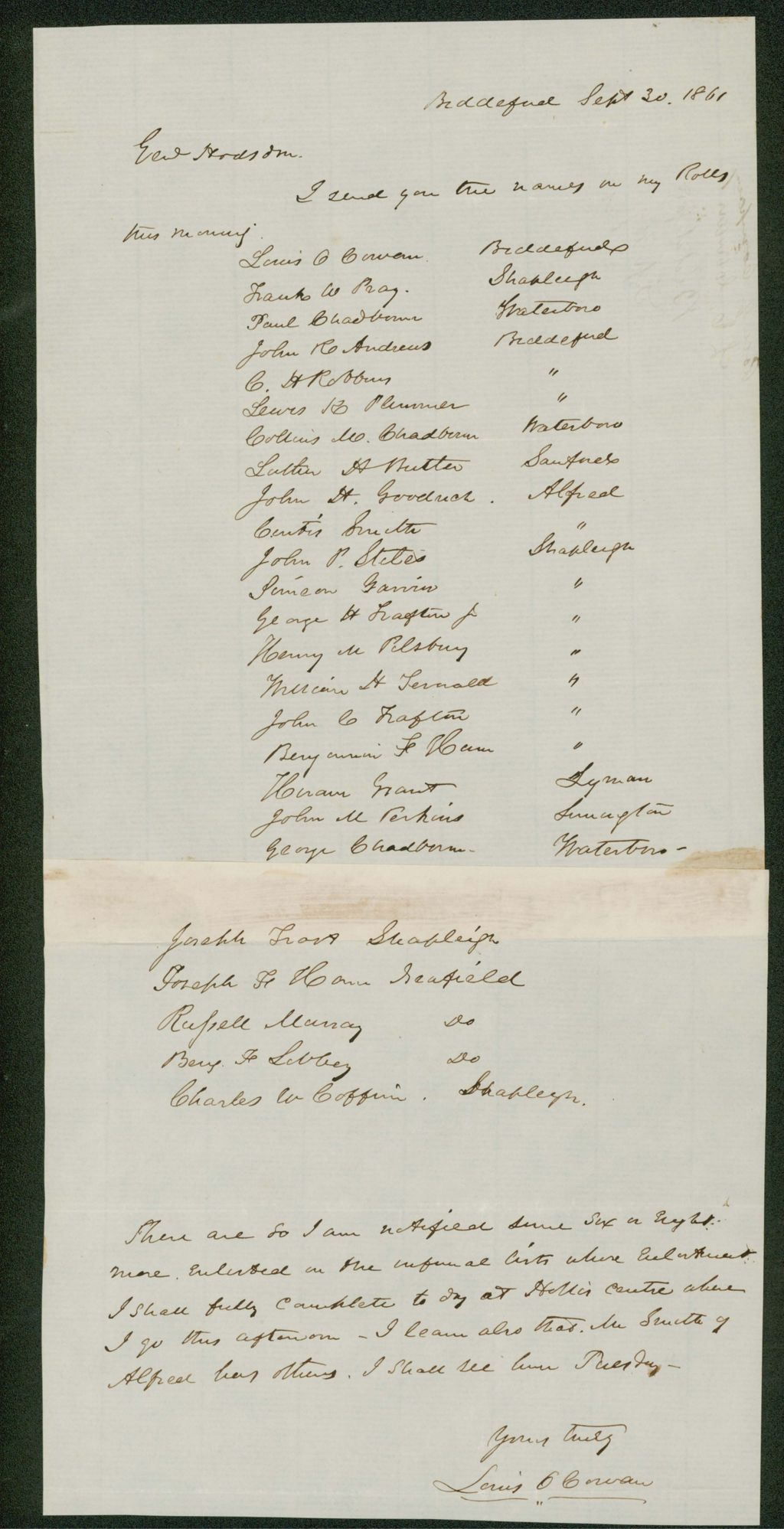 Miniature of Louis Cowan sends his enlistment roll to General Hodsdon