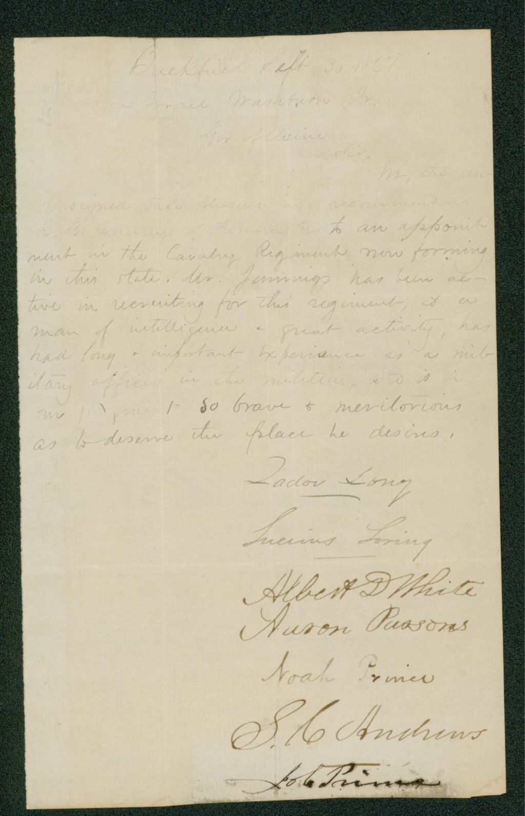 Miniature of Zadoc Long and others recommend R.B. Jennings for appointment