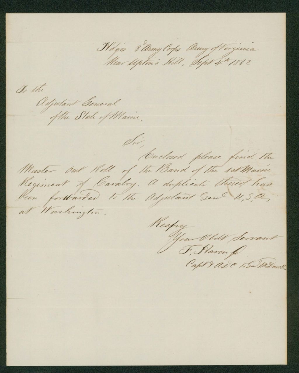 Miniature of Captain Haven sends a muster out roll of the regimental band