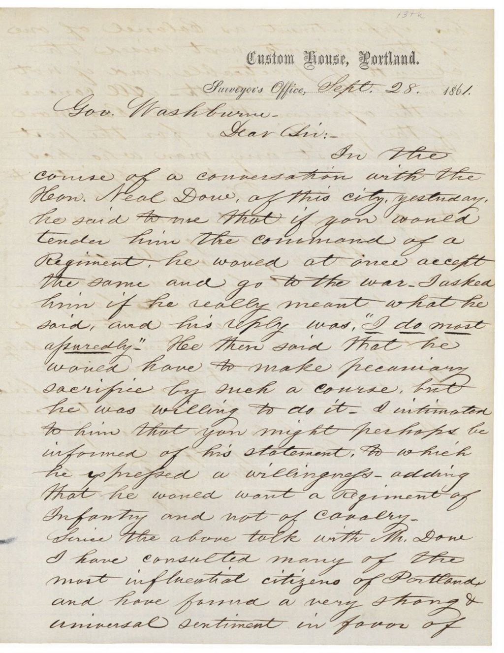 Miniature of Talbot Letter to Governor Washburn Regarding the Promotion of Dow, September 28, 1861