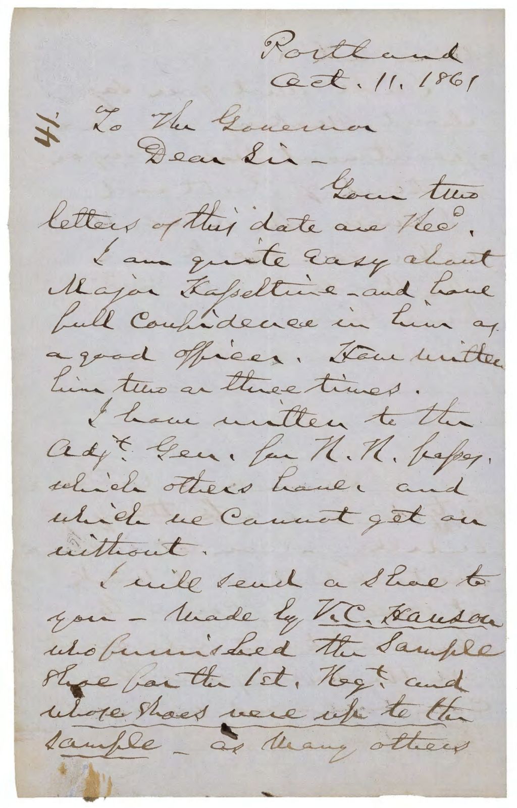 Miniature of Dow Letter to Governor Washburn Regarding Recruitment, October 11, 1861