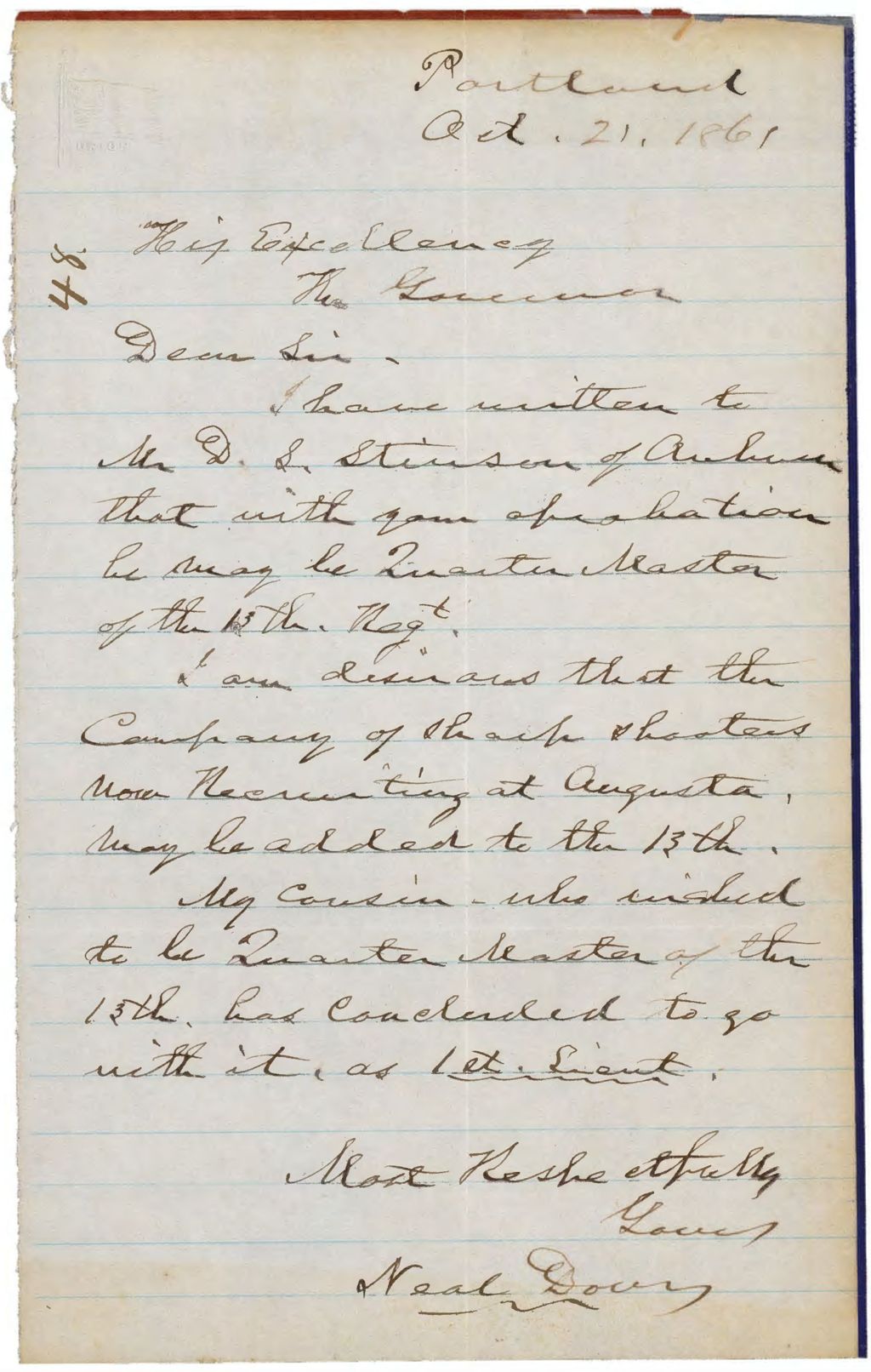 Miniature of Dow Letter to Hodsdon Regarding Recruiting Papers, October 21, 1861