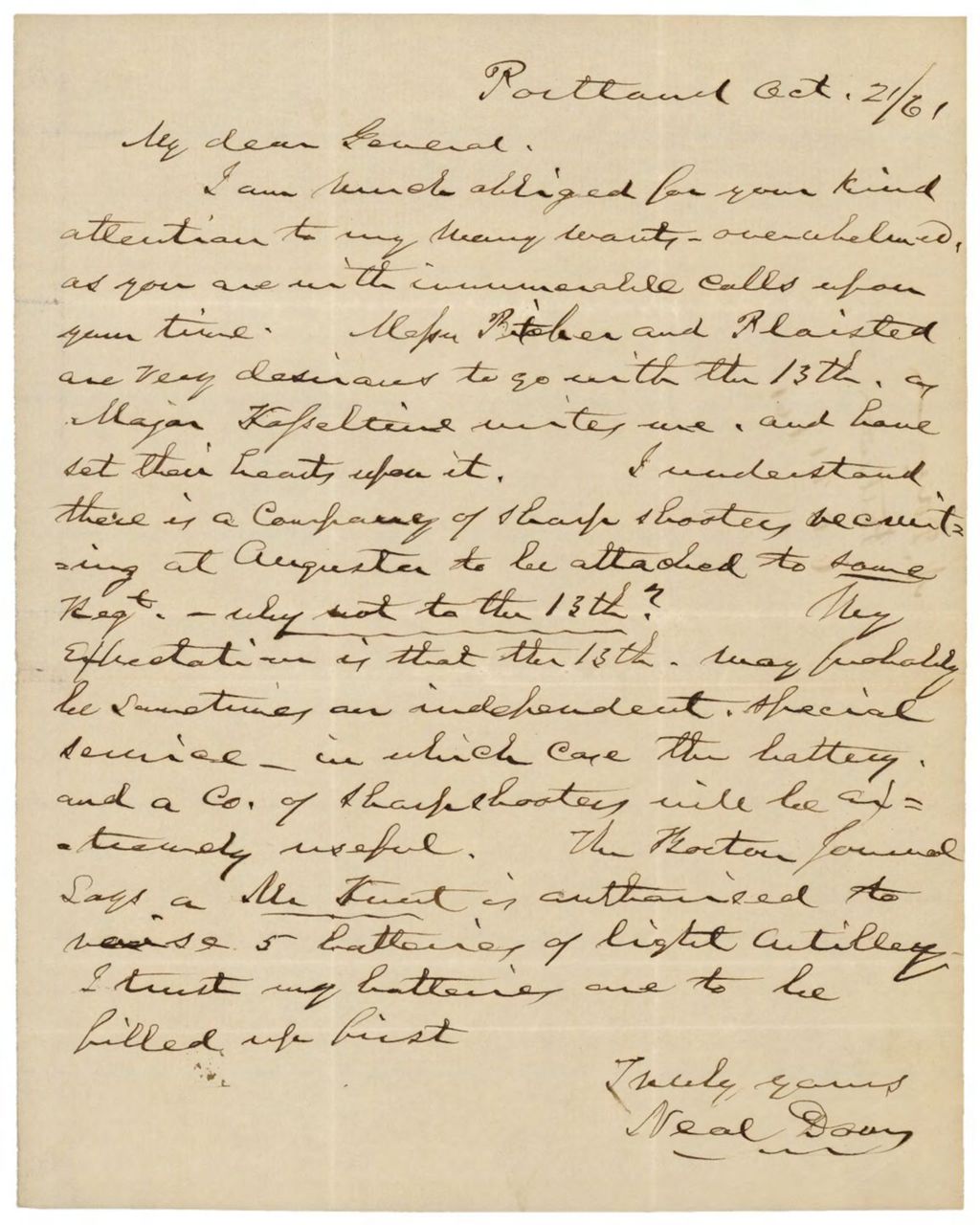 Miniature of Dow Letter to Governor Washburn Regarding Stinson, October 21, 1861