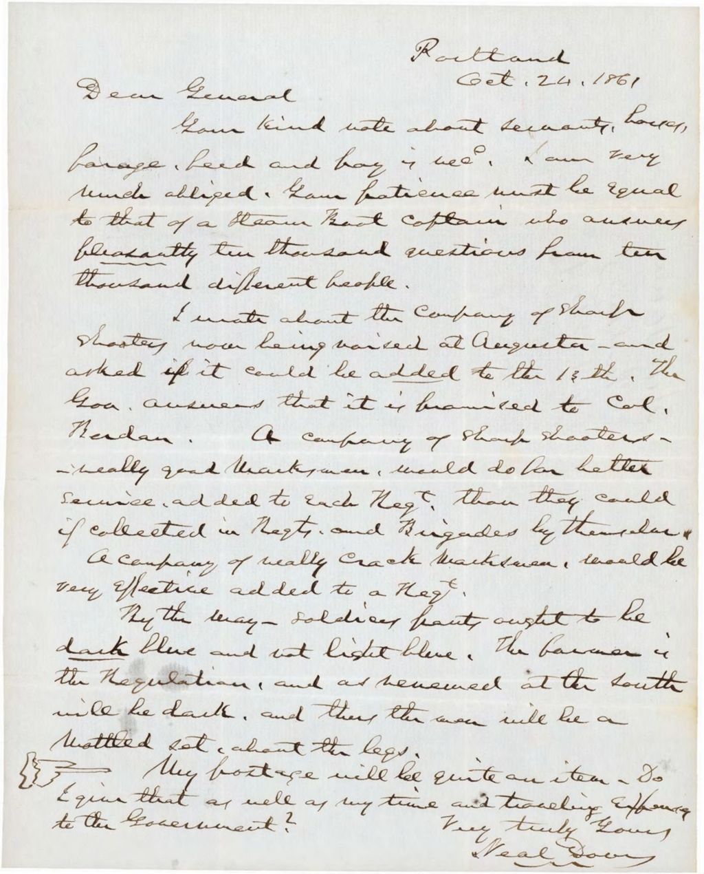 Miniature of Dow Letter to Hodsdon Regarding an Artillery Battery, October 24, 1861