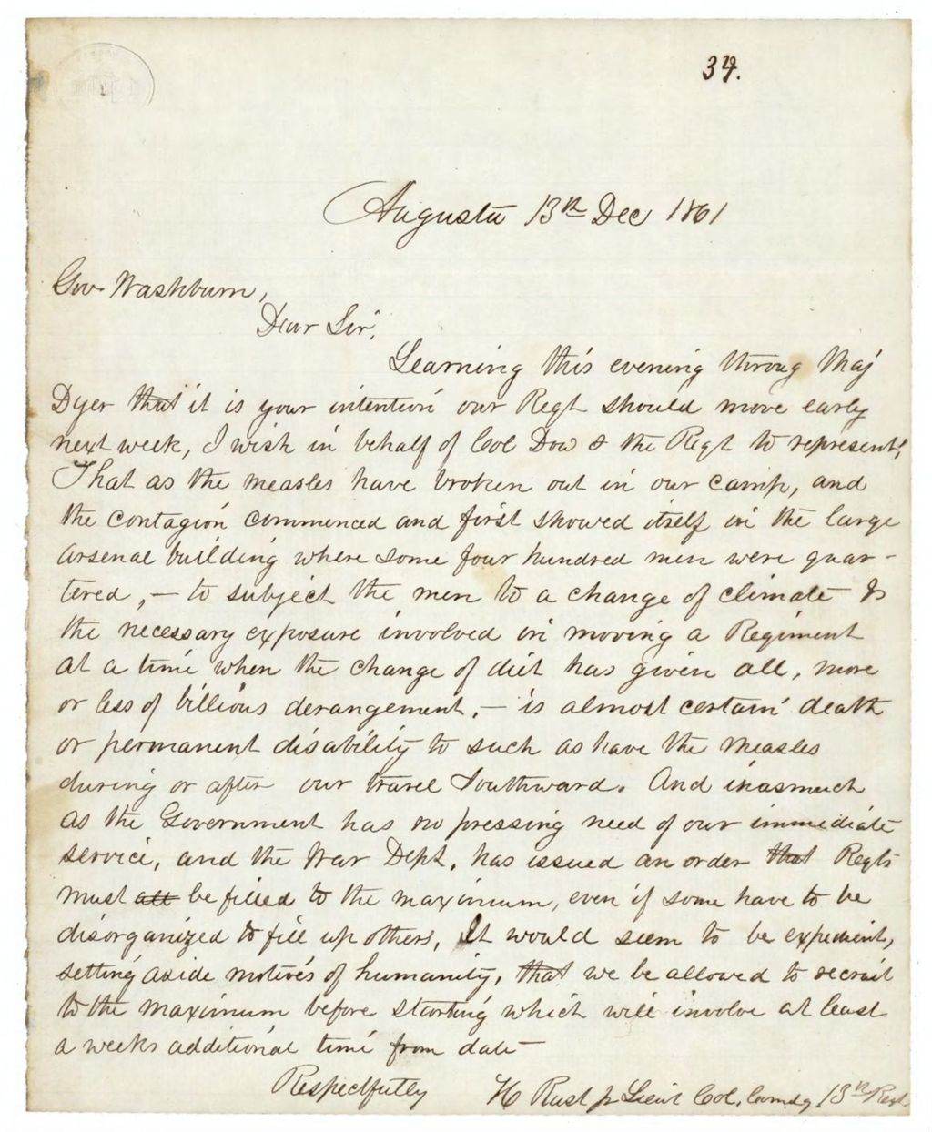 Miniature of Rust Letter to Governor Washburn Regarding the Measles, December 13, 1861
