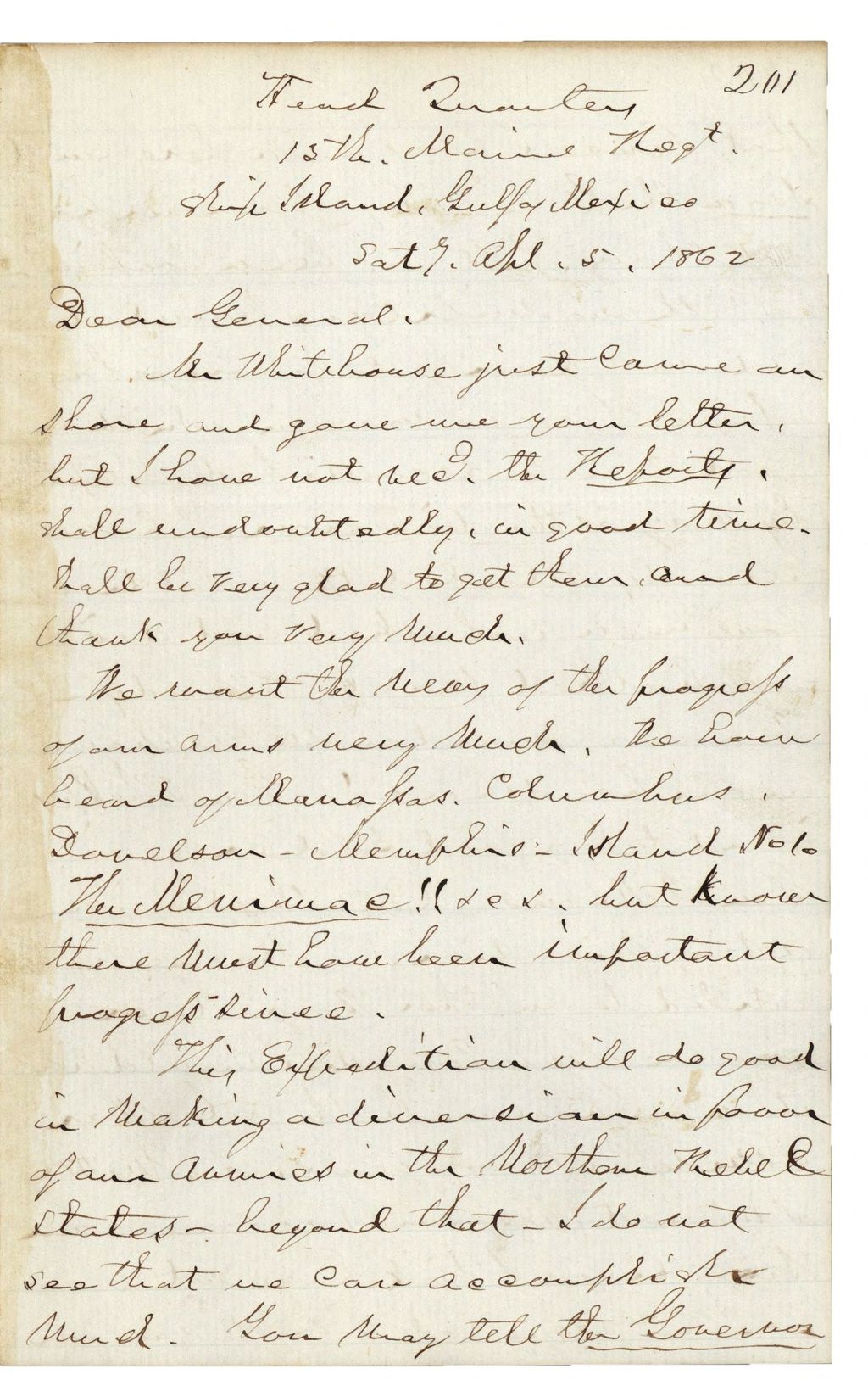 Miniature of Dow Letter to Hodsdon Regarding Whitehouse, April 5, 1862
