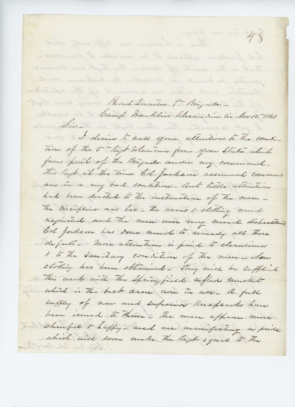 Miniature of Brigadier General Slocum writes Governor Washburn about the condition of the regiment